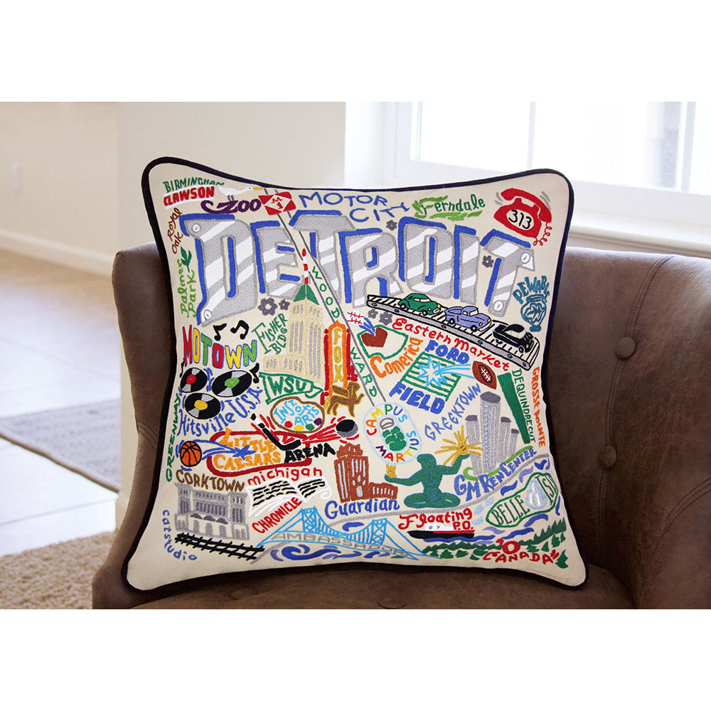 Detroit Hand-Embroidered Pillow by Cat Studio-2
