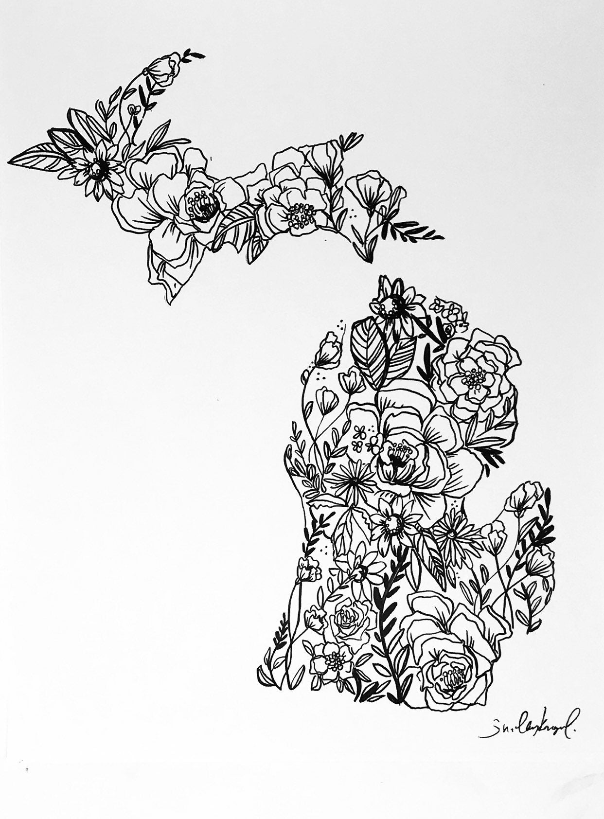 Black and White Floral Michigan Art Print! 11x14in, Mitten Home Decor, Artwork, Simple Design
